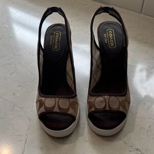 Coach Tan and Brown Peep-Toe Wedges